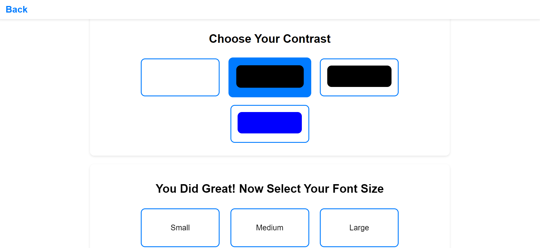 graphic image of the contrast and fontsize selection page